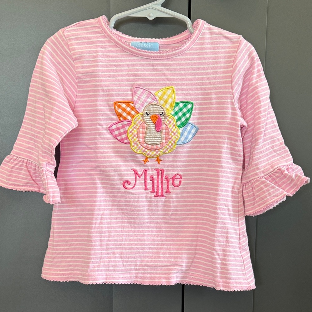 Classic Whimsy Embroidered “Millie” Striped Turkey Thanksgiving Shirt